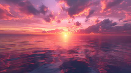 The vivid colors of a sunrise reflected in calm waters
