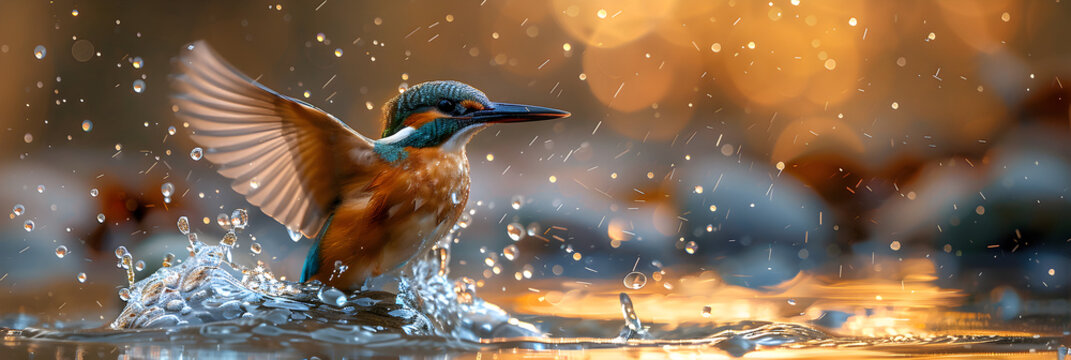 fountain in a fountain,
Seltener Kolibri Eisvogel fliegt über dem Wasser