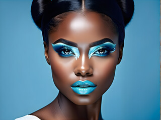 Serenity in the Sky: Beautiful Black Women on Sky Blue Background(Generative AI)