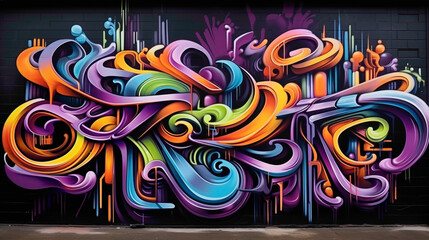 Bold and expressive graffiti-style lettering takes center stage in a captivating street art piece, complemented by swirling abstract shapes that animate the urban environment with vitality.