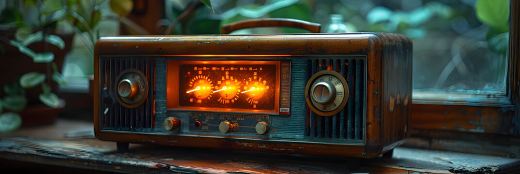 old radio on the table,
Vintage radio sits on a shelf, its warm wooden ca