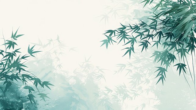 There is a bamboo forest with bamboo leaves, in a vector illustration style with simple lines and a flat design on a white background with a light green and blue color