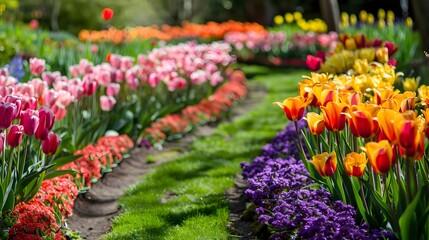 Meticulously planned garden featuring perfectly aligned rows of flowers. - obrazy, fototapety, plakaty