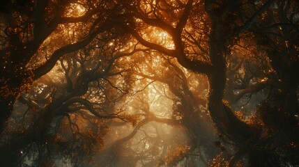 Medieval Metal Woodlands - where the trees themselves are made of softly glowing bronze and iron with branches intertwining overhead to form a majestic canopy created with Generative AI Technology