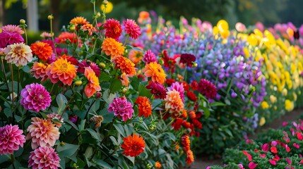 Rows of meticulously tended flowers adorn the beautifully organized garden. - obrazy, fototapety, plakaty