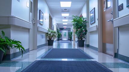 At the entrance of the hospital, door mats are placed to ensure cleanliness and hygiene. These mats help in trapping dirt, dust, and moisture from the shoes of visitors, patients - obrazy, fototapety, plakaty