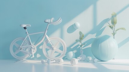 In a serene palette of pastel blue and white, this 3D render showcases essential sport and fitness equipment, including an exercise bike, weights, and a ball. - obrazy, fototapety, plakaty