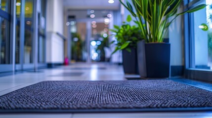 At the entrance of the hospital, door mats are placed to ensure cleanliness and hygiene. These mats help in trapping dirt, dust, and moisture from the shoes of visitors, patients - obrazy, fototapety, plakaty