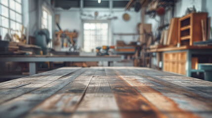 Rustic wooden table in a carpentry workshop with a blurred background of tools and equipment