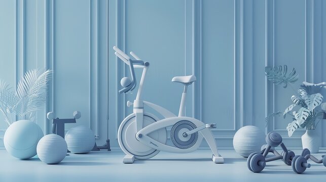 In a serene palette of pastel blue and white, this 3D render showcases essential sport and fitness equipment, including an exercise bike, weights, and a ball.