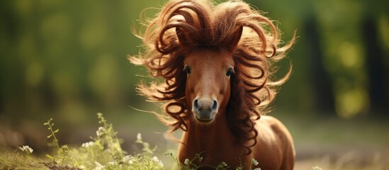 A beautiful horse with a flowing and lengthy mane is standing gracefully in a large open field - obrazy, fototapety, plakaty