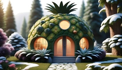 Fototapeta premium A pineapple-shaped organic house design in the fairy garden, adorable, beautiful modern house design, beautiful environment flowers around the house, soft sunlight, winter season, photo real, realisti