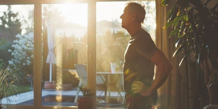 senior man doing fitness and meditation at home