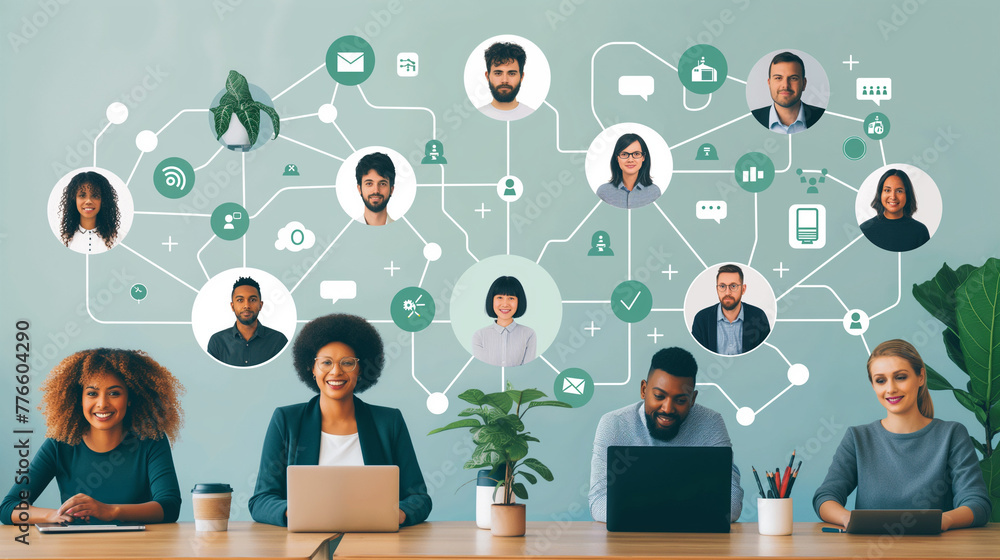 Poster people with different skills connecting together online and working on the same project, remote work