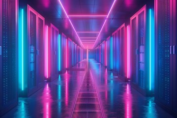 Neon lights of data streaming in server room - obrazy, fototapety, plakaty