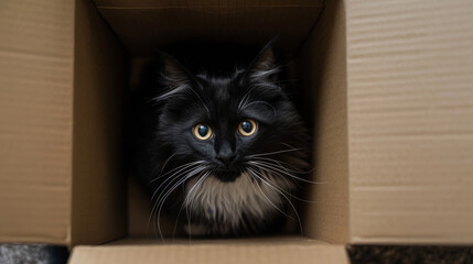 Portrait of a playful tuxedo cat in a cardboard box