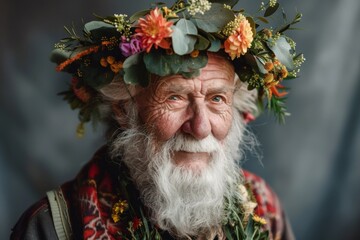 Elderly gentleman with a flower crown, the enchanted sage on natural background