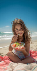 girl eating a salad on the beach