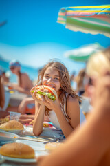 girl eating a sandwich on the beach during summer