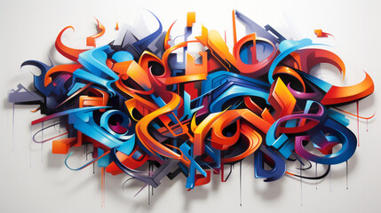Bold strokes of spray paint forming intricate graffiti-style lettering, accompanied by dynamic abstract shapes that leap off the wall, infusing the cityscape with energy and vibrancy.
