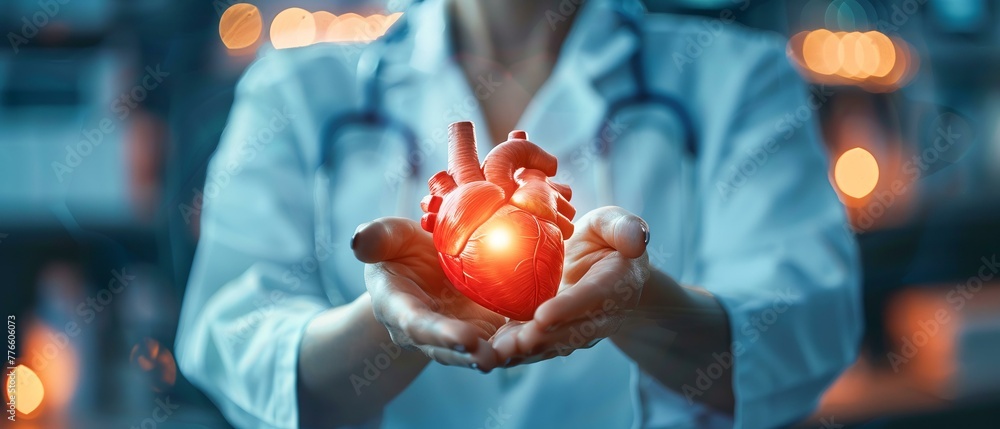 Sticker Glowing cardiac care in medical practitioner’s palms