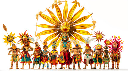 A group in vibrant traditional costumes with sun motifs.