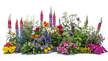 Assorted colorful garden flowers in bloom, presented on a white background.