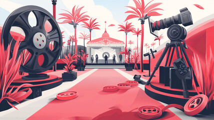 A stylized digital artwork of a film set with a vintage camera, film reels, and palm trees.