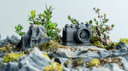 A miniature vintage camera model set amidst a rocky terrain with plants.