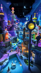 Fantasy indoor theme park with whimsical structures, vibrant lighting, and a river attraction.