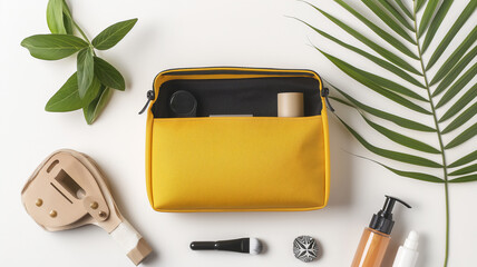 Yellow cosmetic bag with makeup items, surrounded by greenery and a facial cleansing brush on a white background.