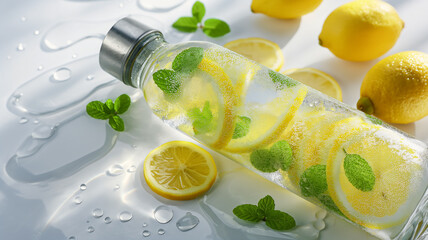 Clear bottle of lemon-infused water with mint leaves, fresh lemons, and water droplets on a bright surface.