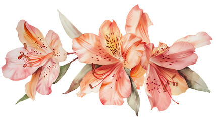 Watercolor painting of delicate pink Alstroemeria flowers with detailed petals and pollen on an isolated background.