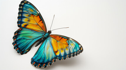 Vibrant blue and orange butterfly with open wings against a white background.