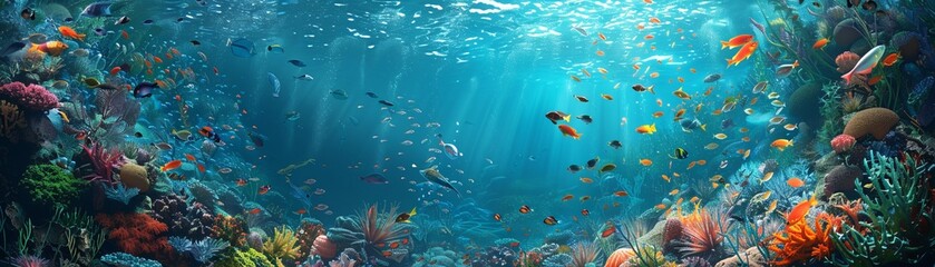 A serene underwater scene populated by digital sea creatures, Wide-angle view, super detailed , 3D style - obrazy, fototapety, plakaty