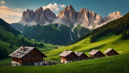 An idyllic scene of verdant meadows and tiny settlements tucked away among towering peaks in the Dolomites, Italy - obrazy, fototapety, plakaty
