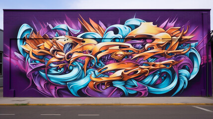 Dynamic abstract shapes dance alongside bold graffiti-style lettering in a street art mural, infusing the urban landscape with an electrifying burst of creativity and energy.