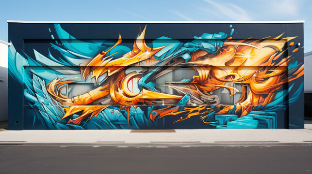Dynamic abstract shapes dance alongside bold graffiti-style lettering in a street art mural, infusing the urban landscape with an electrifying burst of creativity and energy.
