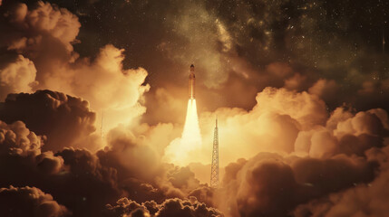 Historical rocket launch reimagined, old film style, grainy smoke - obrazy, fototapety, plakaty