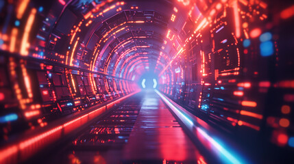 Obraz premium 3D Futuristic circuit background. Motion graphic for abstract data center, server, internet, speed. Futuristic HUD tunnel. Display screens for tech titles and background, tech headline.