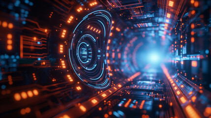 Fototapeta premium 3D Futuristic circuit background. Motion graphic for abstract data center, server, internet, speed. Futuristic HUD tunnel. Display screens for tech titles and background, tech headline.