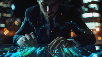Close-up of a businessman in a tailored suit, analyzing floating holographic stock charts, dark ambient lighting