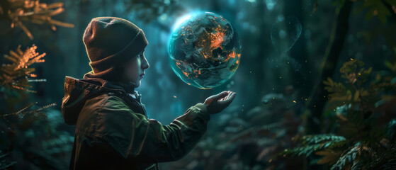 Environmentalist evaluating deforestation effects using a holographic Earth, stark dark environment
