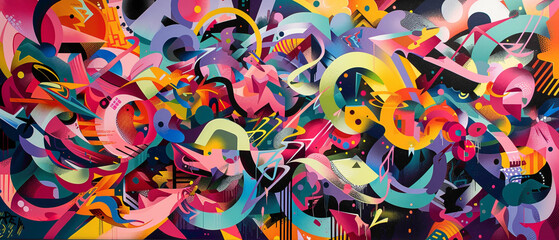 Dynamic graffiti-style lettering dances alongside intricate abstract patterns, resulting in a captivating street art masterpiece that invigorates the urban landscape with its vibrant energy.