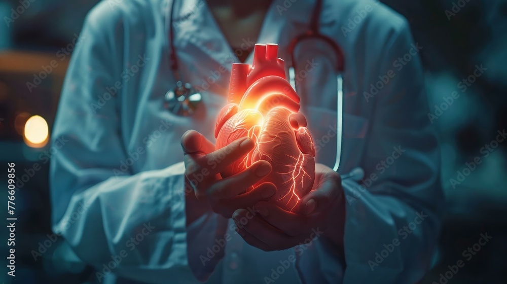 Wall mural Doctor holding beacon of heart health technology