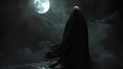 The moon casts a haunting glow over a lone figure cloaked in a cascading black satin cape their face obscured by the depths of the midnight shadows leaving their identity to the imagination. .