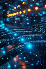 Data cables in server, glowing blue web banner