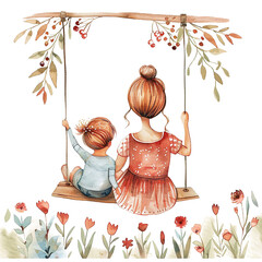 Watercolor illustration of a mother and child sitting in the swing , floral background, mother's day graphics, relationship between mother and children