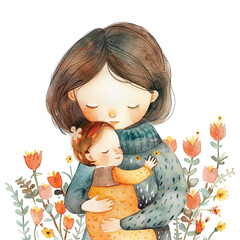 Watercolor illustration of a mother and child hug,  floral background, mother's day graphics, relationship between mother and children