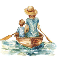 Watercolor illustration of a mother and son out on a boat, mother's day graphics, relationship between mother and children